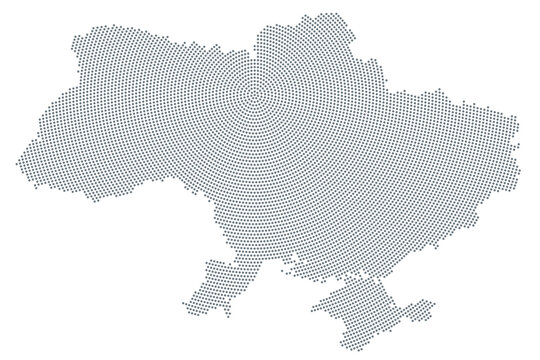 Ukraine map, radial dot pattern. Gray dots going from the capital Kyiv (also called Kiev) outwards and form the silhouette of the Eastern European country. Isolated illustration on white background.