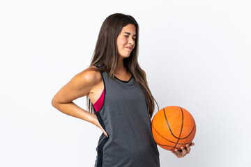 Young brazilian woman playing basketball isolated on white background suffering from backache for having made an effort