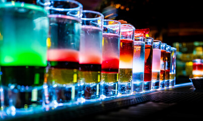 collection of colorful shots. Set of shot cocktails at the bar
