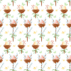 Watercolor seamless pattern with bird nests, eggs and leaves and butterflies for Easter design