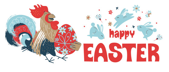 Obraz premium happy Easter. Colorful Easter banner with spring flowers and a cheerful rooster with an Easter egg.
