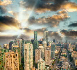 Aerial view of Downtown Vancouver skyline at sunset, British Columbia