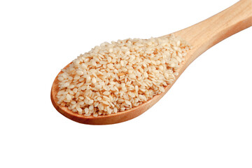 Sesame seeds in a wooden spoon on white background