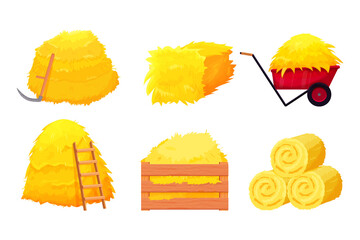Set bale of hay, pile dried wheat with wooden box, pitchfork and wheelbarrow in cartoon style isolated on white background. Farming 