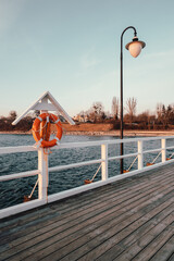 Lifebuoy on the pier in Gdynia Orlowo. Baltic Sea, Poland