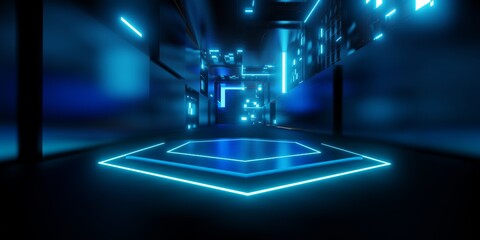 Technology floor and wall The background of the product base in the room with hexagon laser light 3D illustration