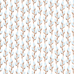 Watercolor seamless pattern with branchs with buds in pastel colors on white background