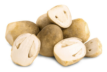 Sliced straw mushroom isolated on white background.