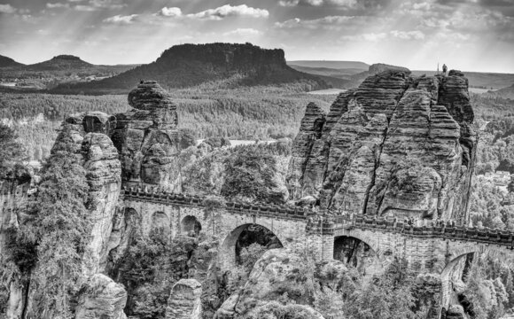 Ferdinandstein aerial view in Bastei Park, Saxony, Germany.