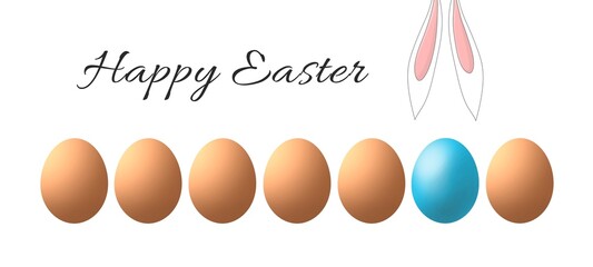 Congratulatory banner, postcard with the inscription "Happy Easter". Easter eggs in different colors, a decorated Easter egg and bunny ears. Can be used for greetings, website design and more