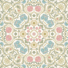 Fantasy flowers in retro, vintage, embroidery style. Seamless pattern, background. Colored vector illustration. © Elen  Lane