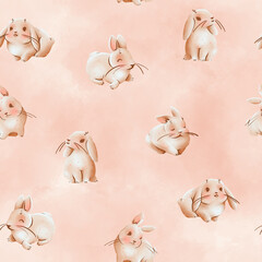 Watercolor bunnies on pink background, seamless pattern for Easter design