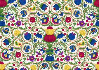 Fantasy flowers in retro, vintage, embroidery style. Seamless pattern, background. Colored vector illustration.