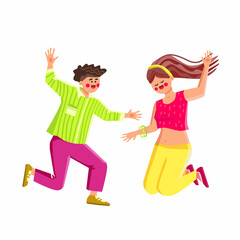 Fototapeta na wymiar Jumping People Man And Woman Togetherness Vector. Happy Jumping People Boy And Girl Celebrate Victory Or Successful Achievement. Characters With Positive Emotion Flat Cartoon Illustration