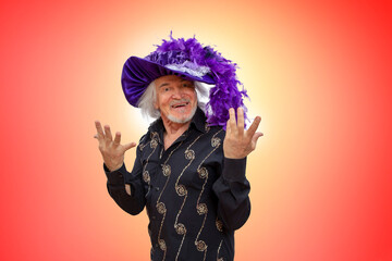 Comedian in wig and retro female hat