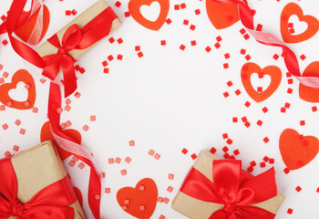 Background wit red ribbon and bright hearts for Valentine day decoration	