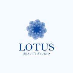 Lotus Flower elegant blue gradient vector logo. Beauty studio emblem. Abstract blossom 