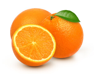 Orange with leaves and half isolated on white background, cut out