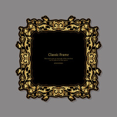 Baroque frame decor. Detailed rich ornament graphic line art. Vector illustration in gold and black