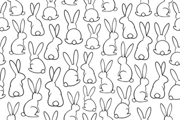 Seamless bunny pattern. Black and white wild bunnies in different position. Outline illustrations, vector line art rabbits with black thin line..