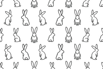 Seamless vector line art bunny repeating pattern. Outline vector bunnies with black thin line on white background. For Easter, postcards, invitations, children rooms, textile patterns and so on.