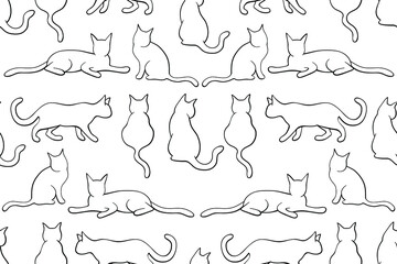 Seamless black and white outline cat pattern. Cats with black thin line art on black background. Seamless cats repeating vector pattern.
