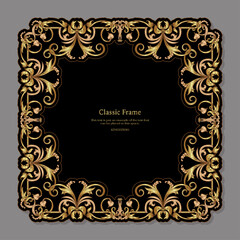 Baroque frame decor. Detailed rich ornament graphic line art. Vector illustration in gold and black