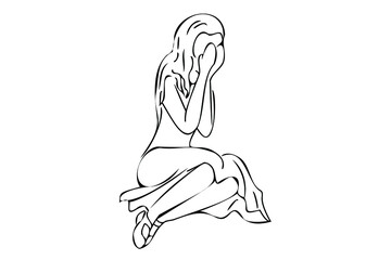 Crying girl, outline vector illustration. Sad girl sitting on the floor with skirt, holding her head with hands. Simple line art vector illustration.