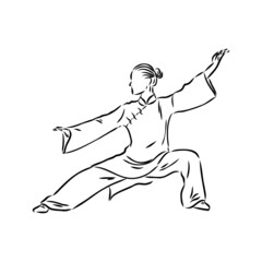 Vector illustration of a guy performing tai chi and qigong exercises - obrazy, fototapety, plakaty