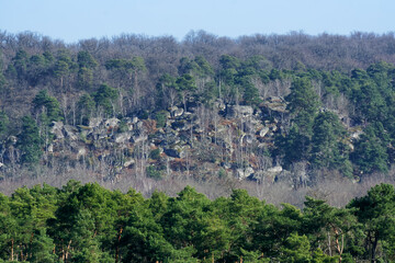 Hills and Rocky chaos in Barbizon gorges. Fontainebleau forest