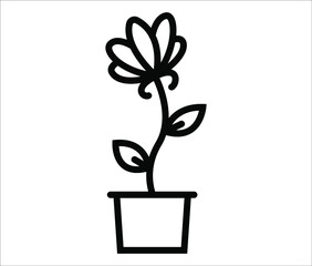 Flower black vector icon. Black cartoon line art flower logo. Flower in a vase outline doodle illustration.