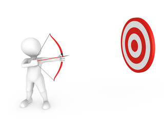 3d white man with a bow and arrow aims at a target