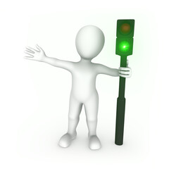 3d rendered white man with the green traffic light.