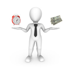 3d white man with alarm clock and money bag .