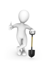 3d white man a man with a shovel shows thumbs up gesture.