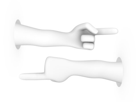 3d hand of white man pointing finger from a hole.