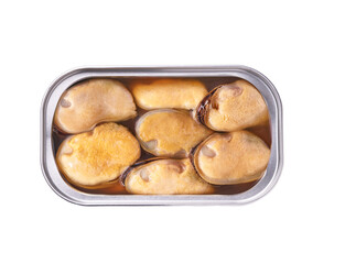 open tin can with pickled mussels isolated on white background, top view.