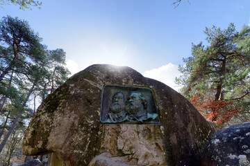 Bronze stele of Millet and Rousseau, the Fontainebleau Painters, created in 1884 near the Barbizon...
