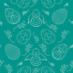 Easter hand drawn vector seamless pattern. Delicate turquoise chickens and different eggs texture in line art style