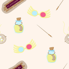 Seamless pattern with magic items based on the school of magic