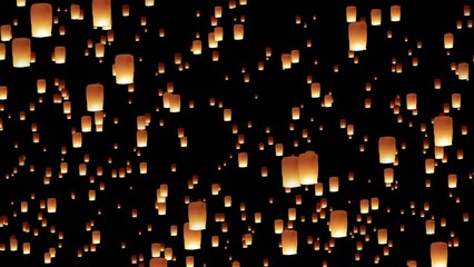 Chinese flying lanterns rising up in the night sky during holiday or festival. Computer generated animation. Seamless loopable animation.