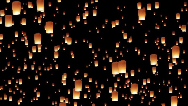 Chinese flying lanterns rising up in the night sky during holiday or festival. Computer generated animation. Seamless loopable animation.