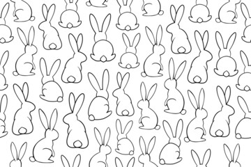 Seamless bunny pattern. Black and white wild bunnies in different position. Outline illustrations, line art rabbits with black thin line..