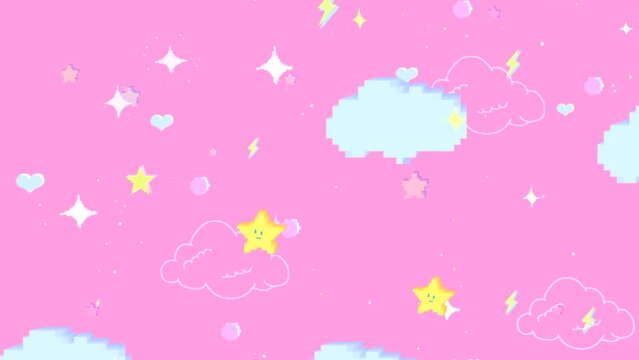 Looped cute cartoon pixel doodle smiling stars pink sky animation.