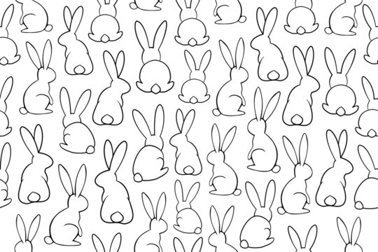 Seamless bunny pattern. Black and white wild bunnies in different position. Outline illustrations, line art rabbits with black thin line..