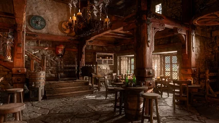 Fotobehang Donkere humeurige middeleeuwse fantasie taverne-bar met brandende kaarsen en daglicht dat door ramen komt. 3D-weergave. © IG Digital Arts