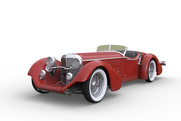 1920s vintage concept convertible roadster sports car with red paintwork and whitewall tyres. 3D rendering isolated on white. - obrazy, fototapety, plakaty