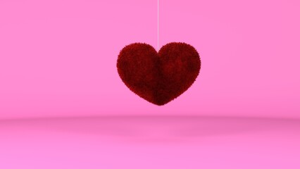 3D Render : wallpaper background display as a red fur heart hanging from the ceiling