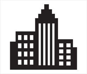 Obraz premium City icon with geometric flat design elements isolated on white background. City skyscrapers with central tower building and square windows. Simple town icon.