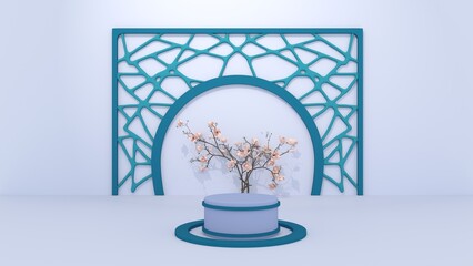 Fototapeta na wymiar 3D Render : Scene with 3D Abstract geometry shape background. podium platform mock up scene for display your product or object. Light Blue and green with flower color theme